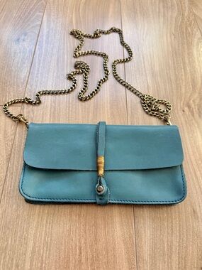 Jo Teal Leather Clutch Crossbody Bag Brass Chain Strap, Artisan Indie Boho